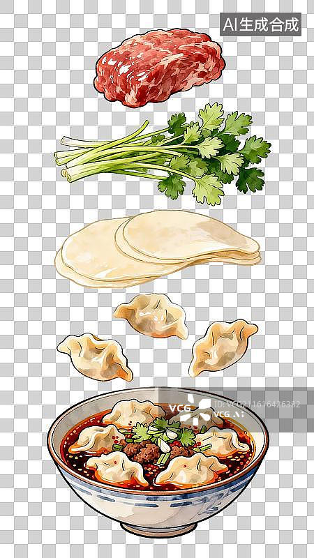 【AI数字艺术】水饺分解图饺子中式美食垂直展开视图手绘插画图片素材