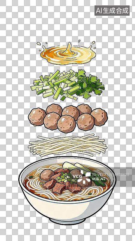 【AI数字艺术】潮汕牛肉丸河粉分解图中式美食垂直展开视图手绘插画图片素材