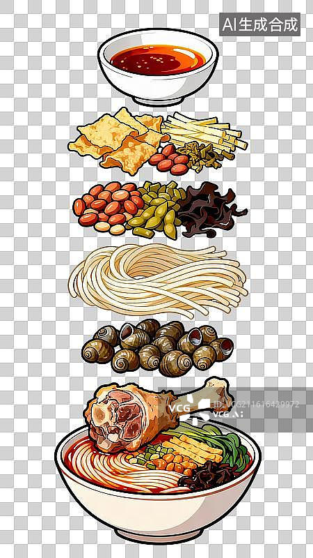 【AI数字艺术】螺蛳粉分解图中式美食垂直展开视图手绘插画免抠元素图片素材