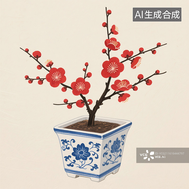 【AI数字艺术】国风手绘插画，中国风喜庆的红梅，春节大红色梅花，新年，插花图片素材