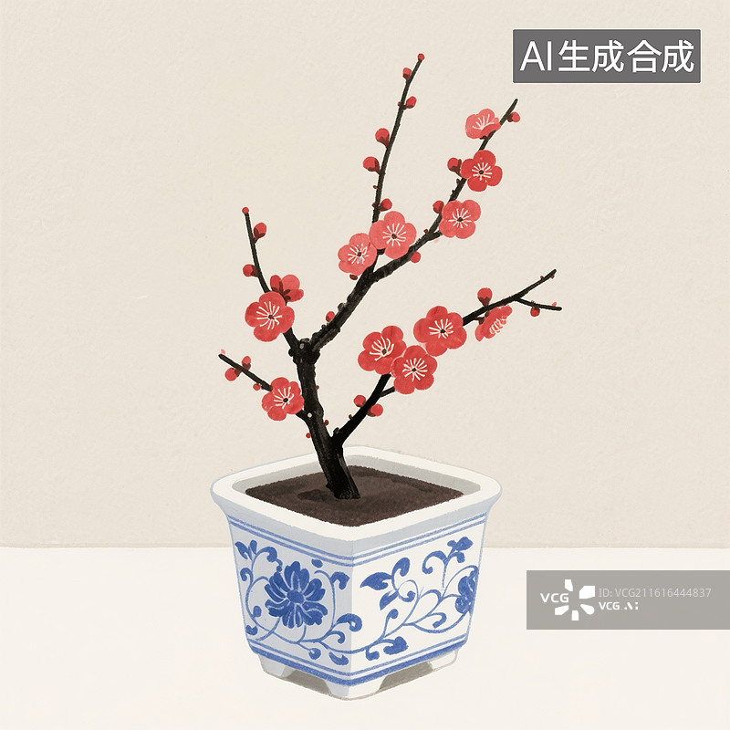 【AI数字艺术】国风手绘插画，中国风喜庆的红梅，春节大红色梅花，新年，插花图片素材