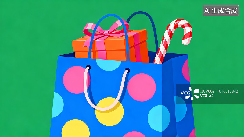 【AI数字艺术】蓝色波点袋装礼物与拐杖糖图片素材