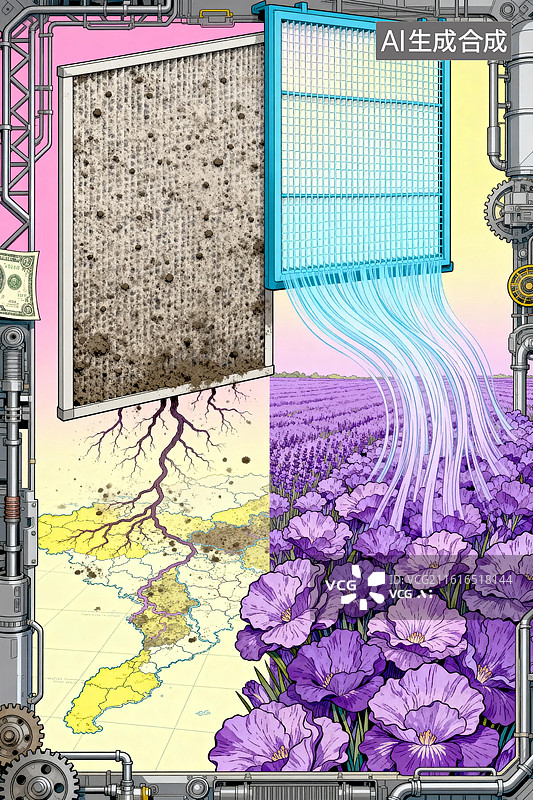 【AI数字艺术】经济与生态的滤网抉择：污染裂痕 VS 繁花净水 世界卫生日创意插画图片素材