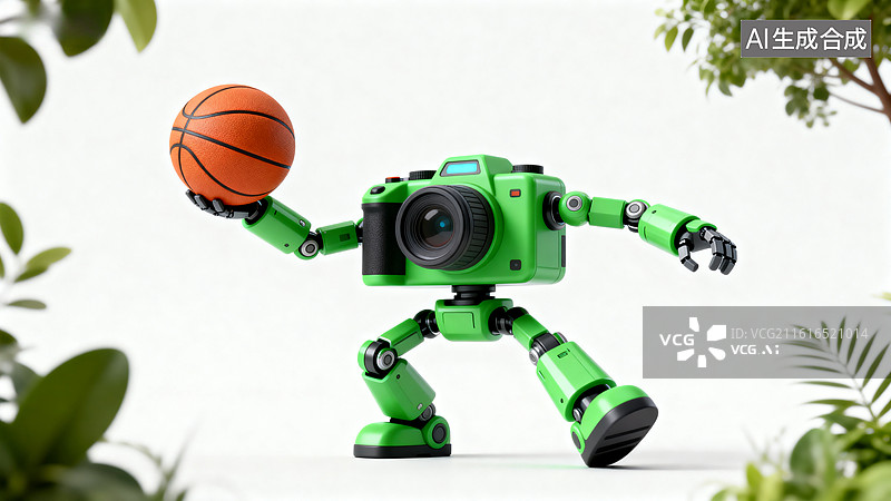 【AI数字艺术】绿色机器人手持篮球摆姿势图片素材