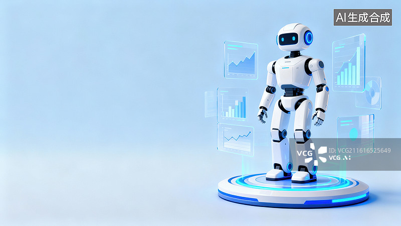 【AI数字艺术】未来机器人站立于科技平台图片素材