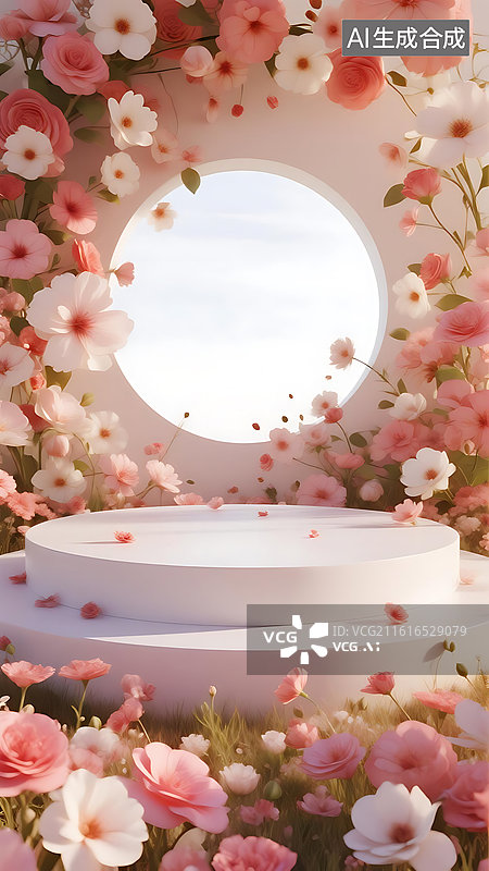 【AI数字艺术】梦幻阳光花海电商产品展台背景图片素材