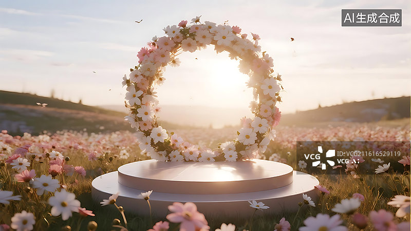 【AI数字艺术】梦幻阳光花海电商产品展台背景图片素材