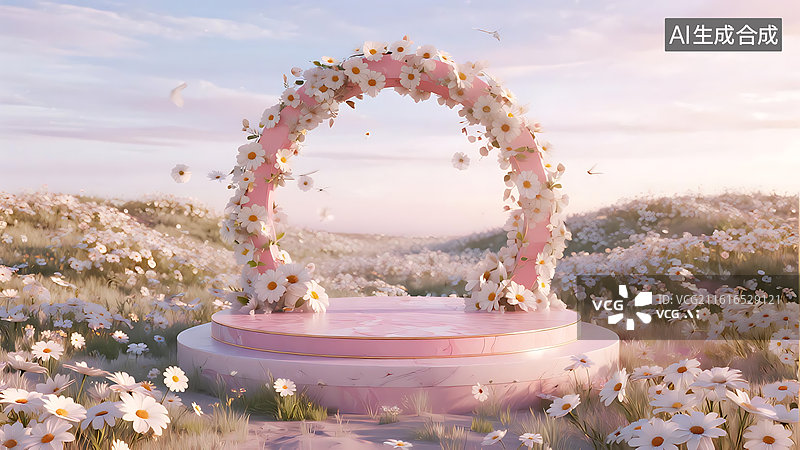 【AI数字艺术】梦幻阳光花海电商产品展台背景图片素材