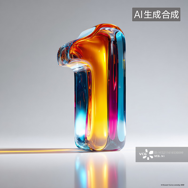 【AI数字艺术】渐变色透明玻璃质感的数字1立体模型图片素材