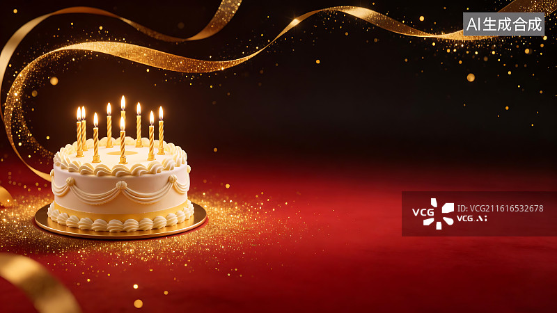 【AI数字艺术】奢华金色丝带生日蛋糕庆祝场景图片素材