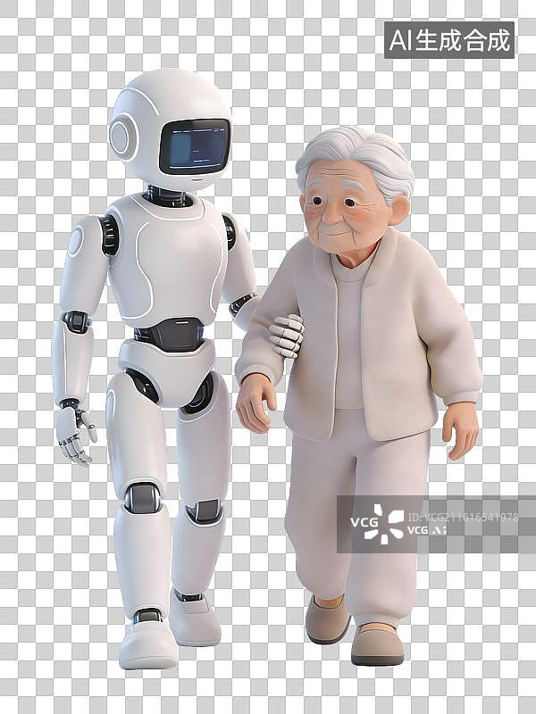 【AI数字艺术】机器人陪伴帮助服务老人服务型人型机器人概念场景3D卡通插画元素图片素材