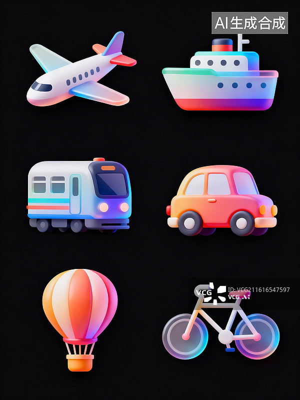 【AI数字艺术】飞机、轮船、火车、小车、热气球、自行车，3D拟物图标双排竖向排列，背景为纯黑色，设计风格为扁平化图片素材