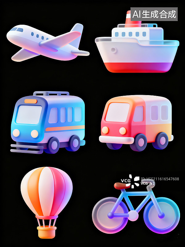 【AI数字艺术】飞机、轮船、火车、小车、热气球、自行车，3D拟物图标双排竖向排列，背景为纯黑色，设计风格为扁平化图片素材