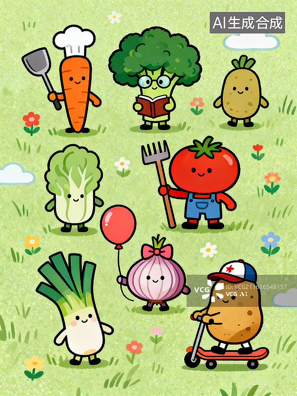 【AI数字艺术】扁平风，极简，平面，线条简单，明亮的色调，噪点肌理感，很多种类蔬菜，童真有趣。图片素材