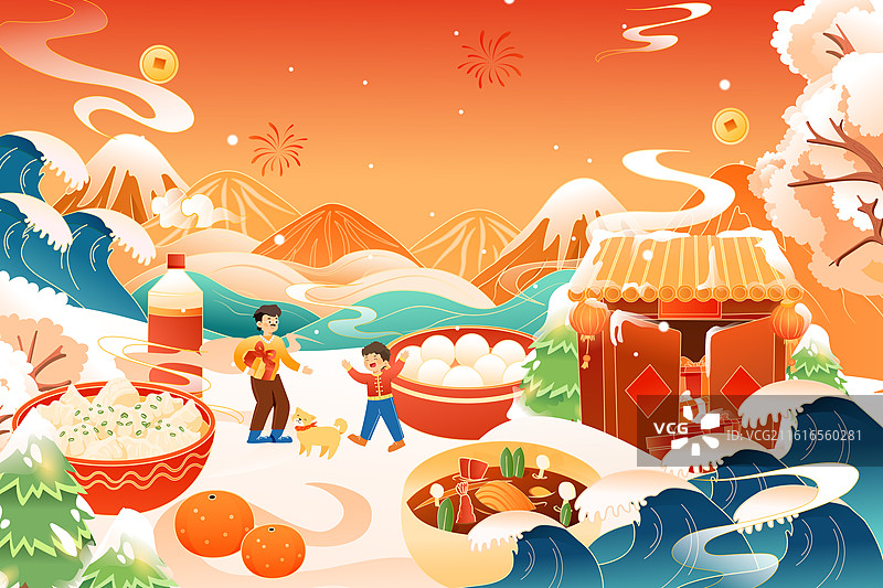 卡通新年春节年货节美食餐饮团圆饭家人亲子学生青年生活团圆拜年过年春运出行古建筑中国风国潮渐变矢量插画图片素材