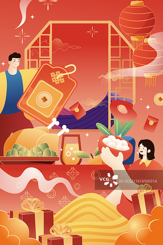 卡通新年春节年货节美食餐饮团圆饭家人亲子学生青年生活团圆拜年过年春运出行古建筑中国风国潮渐变矢量插画图片素材