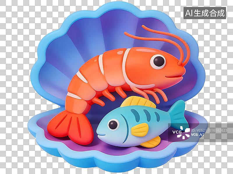 【AI数字艺术】贝壳中的虾与鱼图片素材