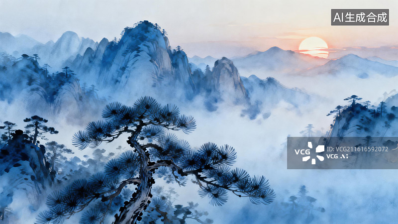 【AI数字艺术】晨雾缭绕的山林日出图片素材