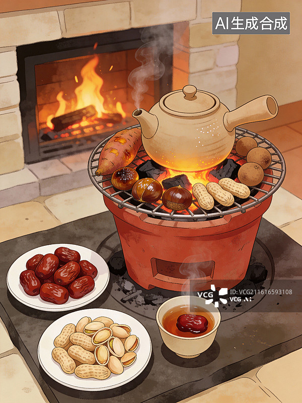 【AI数字艺术】围炉煮茶烤食场景图片素材