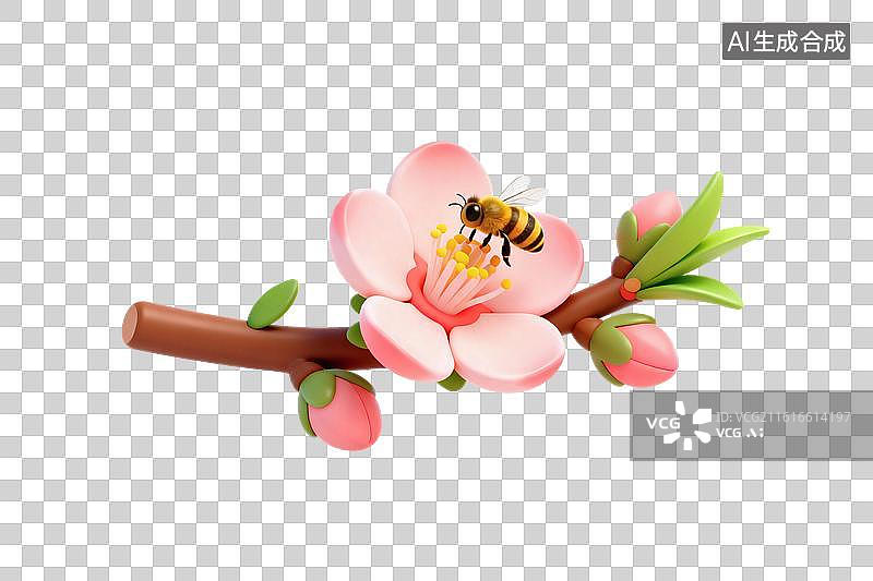 【AI数字艺术】卡通风格，桃花上栖息着的一只小蜜蜂PNG格式的免扣元素图片素材