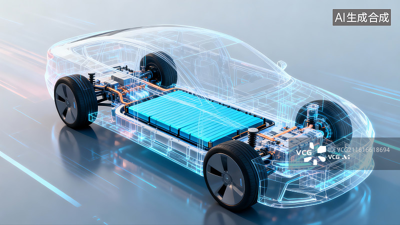 【AI数字艺术】电动汽车透明底盘与电池组结构图片素材