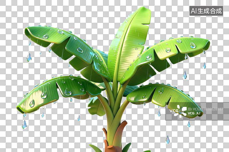 【AI数字艺术】卡通风格，被雨滴打湿的芭蕉树PNG格式的免扣元素图片素材