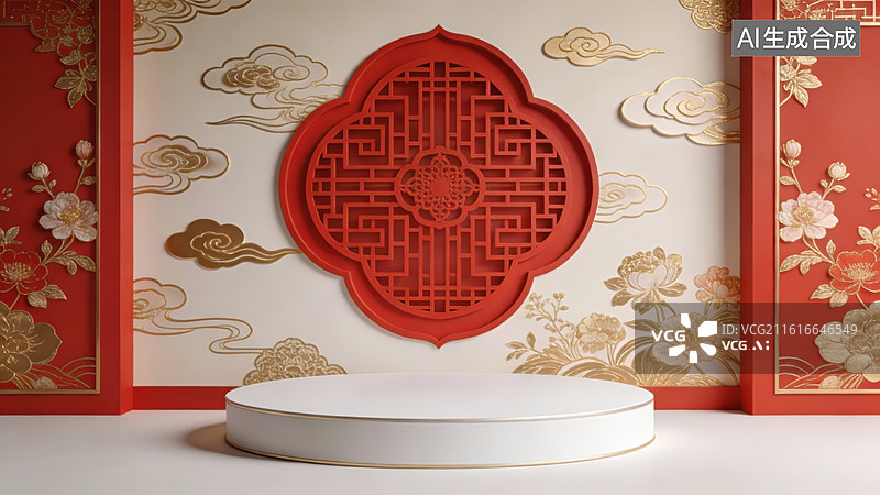 【AI数字艺术】中式红色雕花背景展示台图片素材
