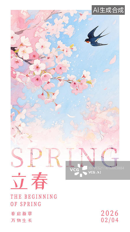 【AI数字艺术】二十四节气立春水彩画樱花海报模板图片素材
