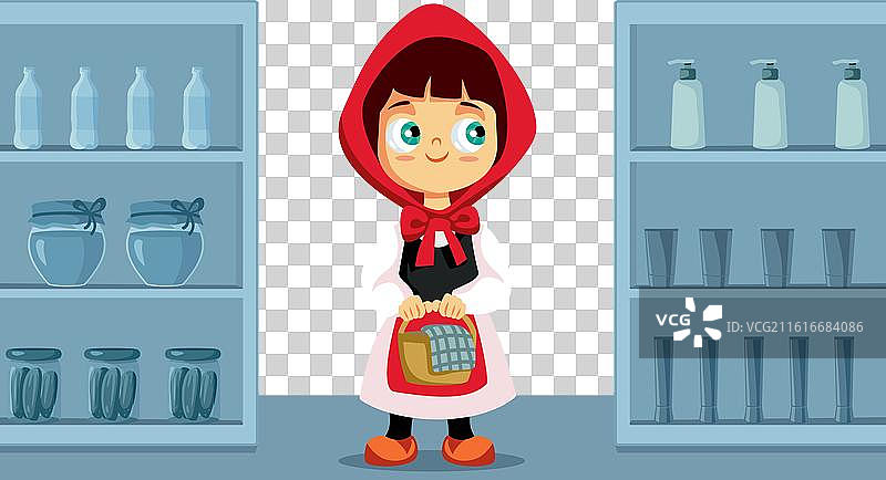 卡通版小红帽在超市里，滑稽有趣图片素材