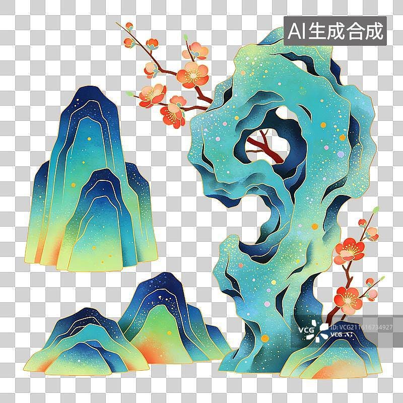 【AI数字艺术】岩石花枝园林造景插画图片素材