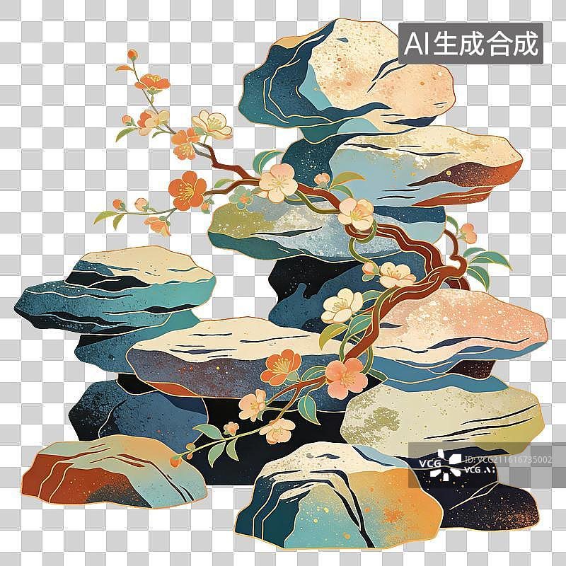【AI数字艺术】岩石花枝园林造景插画图片素材