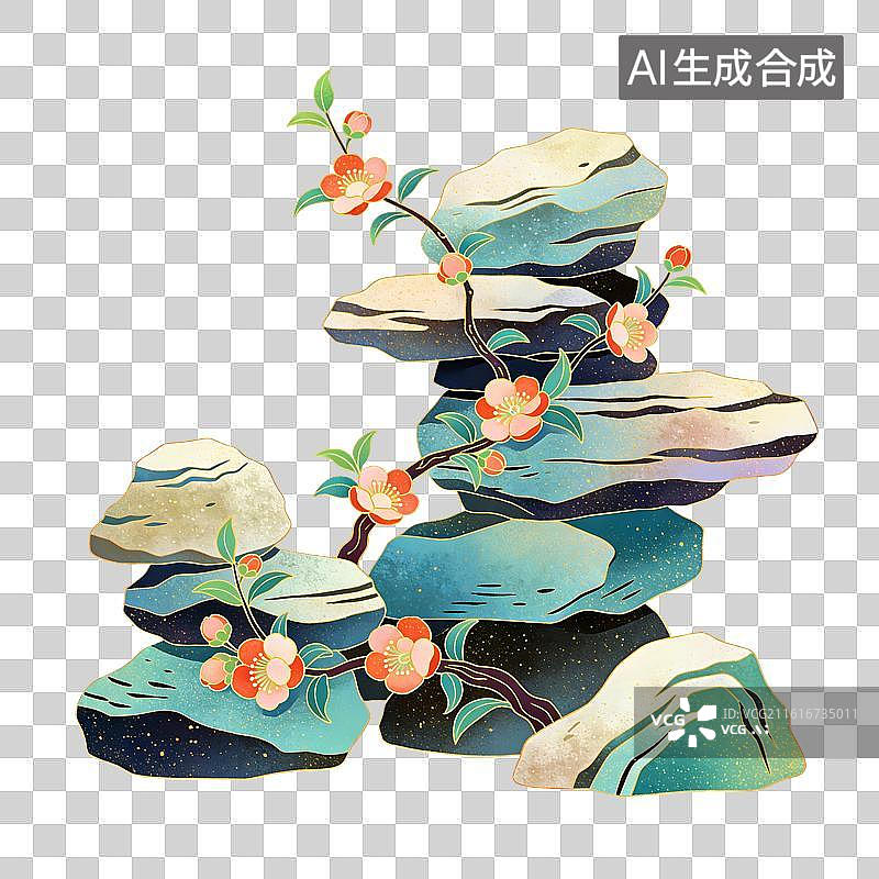 【AI数字艺术】岩石花枝园林造景插画图片素材