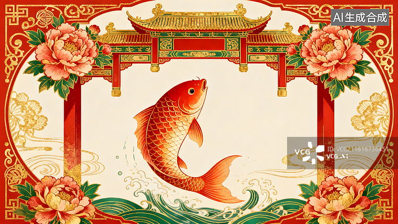 【AI数字艺术】民俗喜庆年画鲤鱼跳龙门图片素材