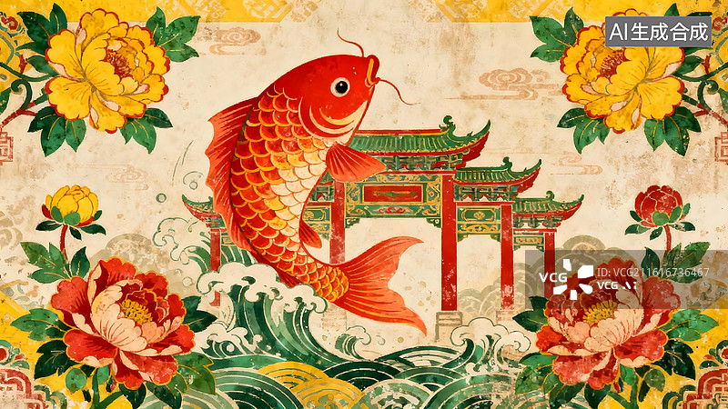 【AI数字艺术】民俗喜庆年画鲤鱼跳龙门图片素材