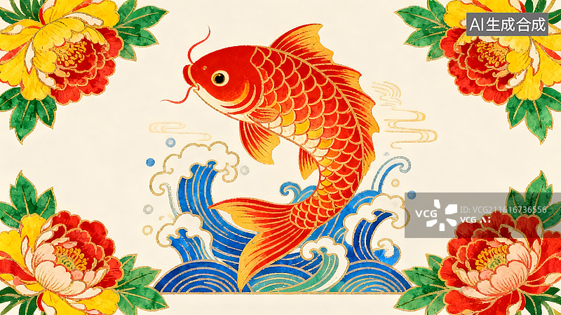 【AI数字艺术】民俗喜庆年画鲤鱼跳龙门图片素材