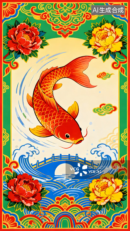 【AI数字艺术】民俗喜庆年画鲤鱼跳龙门图片素材
