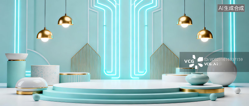 【AI数字艺术】蓝色发光陶瓷简约产品展台背景壁纸图片素材