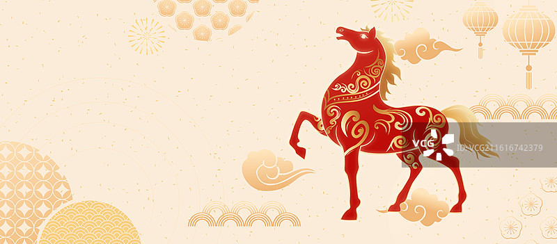 国风2026马年春节新年金色云纹马矢量插画海报图片素材