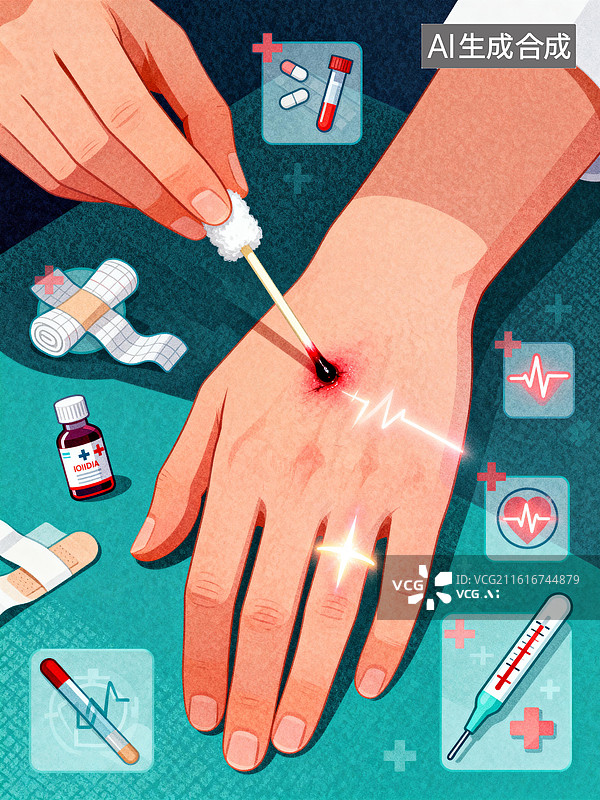 【AI数字艺术】医者之手的消毒守护：医疗图标环绕的卫生防线 世界卫生日消毒创意插画图片素材