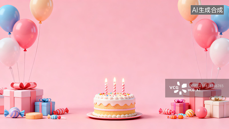 【AI数字艺术】生日蛋糕3D卡通粉色背景图片素材