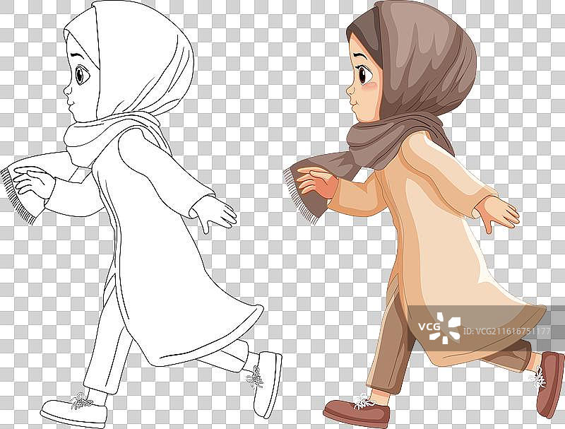 一个年轻的穆斯林女孩在奔跑图片素材