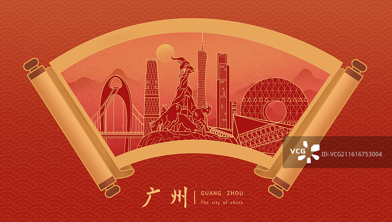 广州中国风画卷古典卷轴书卷手绘城市建筑图片素材