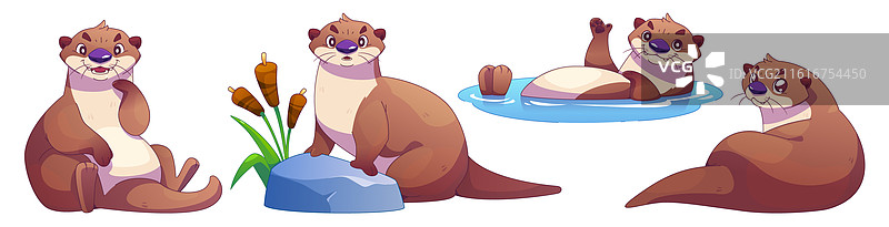 有趣的卡通水獭角色套装图片素材