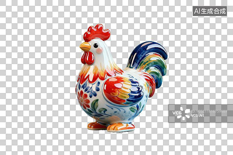【AI数字艺术】卡通风格，彩釉瓷器，一只大公鸡PNG格式的免扣元素图片素材