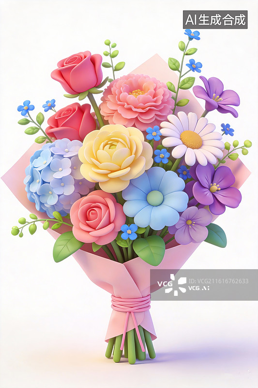 【AI数字艺术】Q版卡通风格，玫瑰、绣球花、花毛茛、雏菊、紫罗兰以及一些小野花组成的花束，淡粉色包装纸图片素材