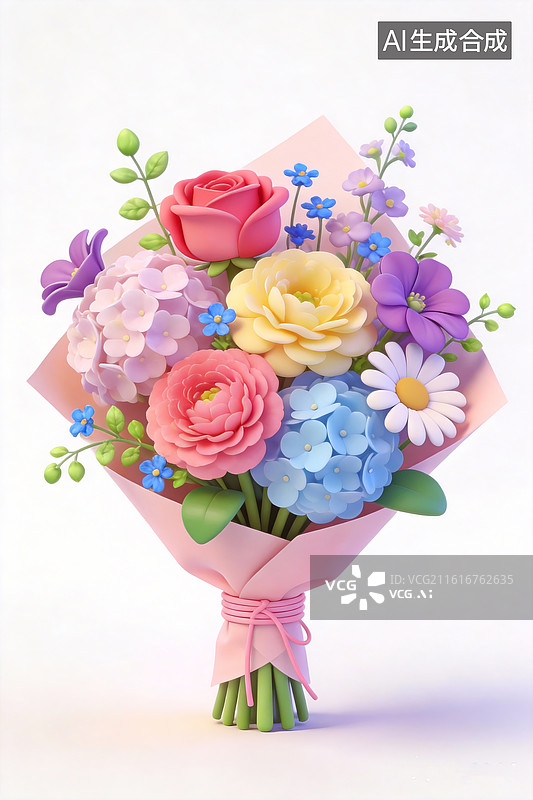 【AI数字艺术】Q版卡通风格，玫瑰、绣球花、花毛茛、雏菊、紫罗兰以及一些小野花组成的花束，淡粉色包装纸图片素材
