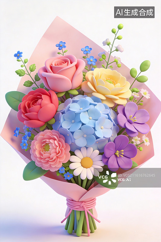 【AI数字艺术】Q版卡通风格，玫瑰、绣球花、花毛茛、雏菊、紫罗兰以及一些小野花组成的花束，淡粉色包装纸图片素材