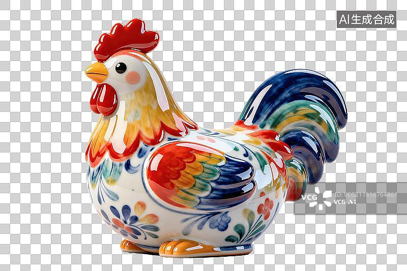 【AI数字艺术】卡通风格，彩釉瓷器，一只大公鸡PNG格式的免扣元素图片素材