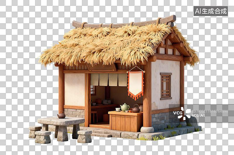 【AI数字艺术】卡通风格，路边的一座古代茶社PNG格式的免扣元素图片素材