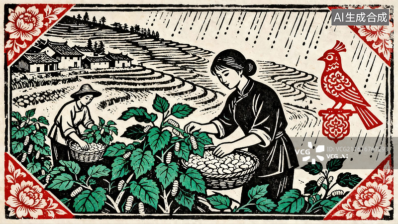 【AI数字艺术】现代版画风格养蚕劳动图片素材
